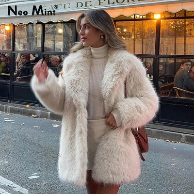 Damen Kunstfell Mantel Lange Winterjacke Luxus Flauschig Warm Revers Größen 8-18