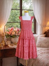 Vintage Red Floral Cottagecore Dress Tiered Ruffle Square Neck Midi Dress