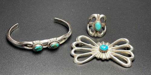 Vintage Lot Silver Turquoise Sand Cast Brooch Signed M & Cuff and Ring