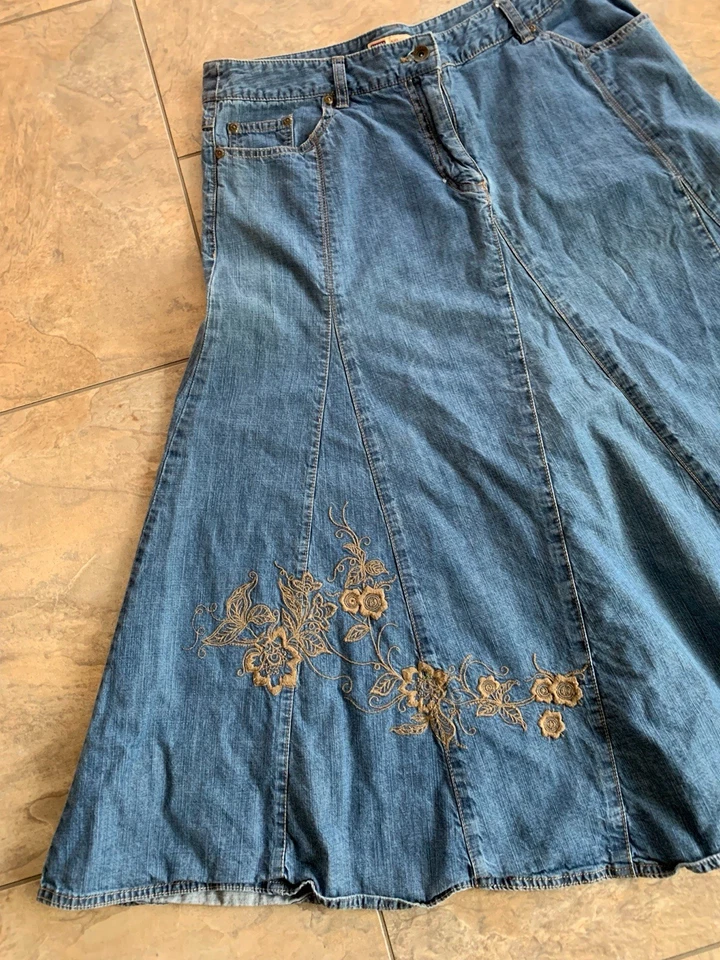 Faded Glory женщин 14 длиной джинсовой ткани Jean юбка вышитый цветочный Western романтический - Изображение 4 из 4
