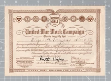 1918 Victory Girls United War Work Campaign Certificate Elizabeth Fanning