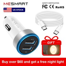 20W Dual USB Car Charger Adapter Plug 3FT Type-C to Type-C Cable For Smartphone