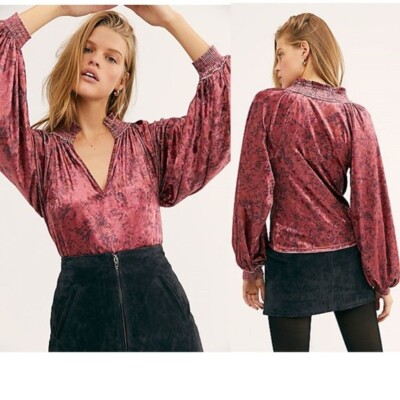 Free People Top Womens Size Medium Go Get Em Velvet V Neck Long Balloon Sleeve