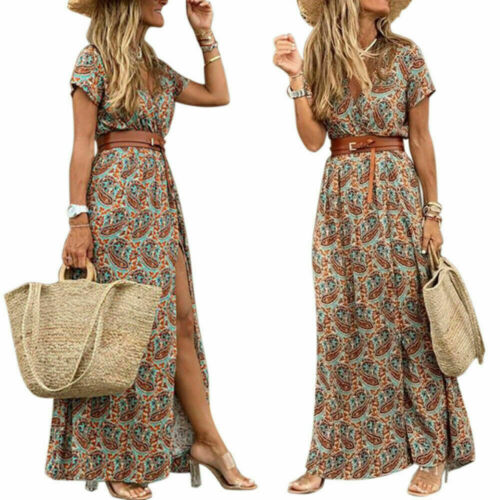 Women short sleeve V-Neck Wrap Floral Maxi Dress Ladies Summer Beach Sundress - Picture 3 of 12