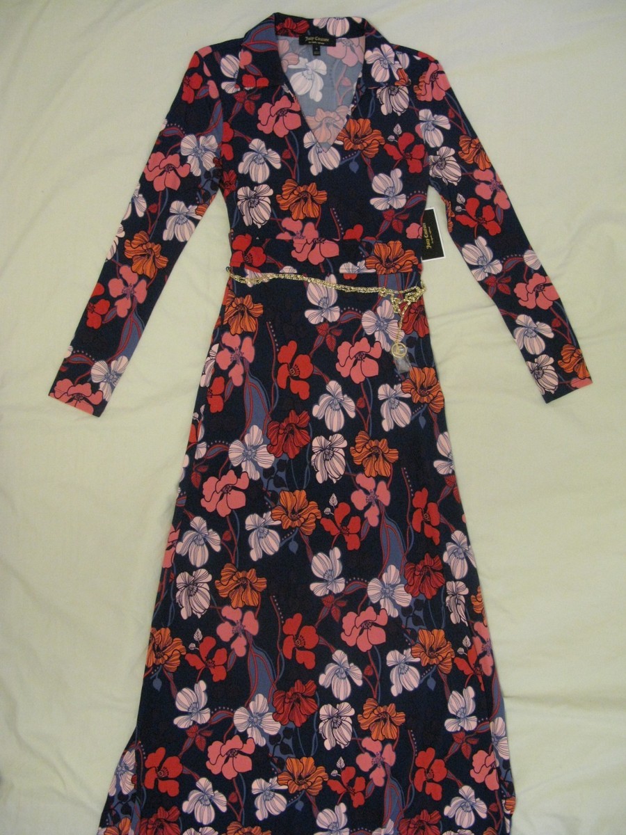 Juicy Couture Deco Floral Maxi Dress Sz S - Navy Blue & Pink w/Chain Belt NWT Juicy Couture Deco Floral Maxi Dress Sz S - Navy Blue & Pink w/Chain Belt NWT