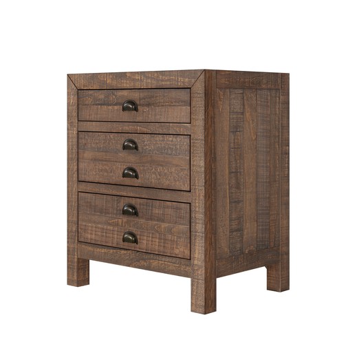 Rustic Farmhouse Style Three-Drawer Solid Pine Wood Nightstand w/Cup Pulls - Picture 8 of 15