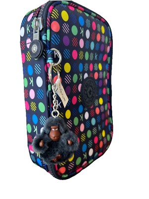 Kipling 100 Pens Pencil Cosmetic Art Case Bag Polka Dot Nylon Zip F42