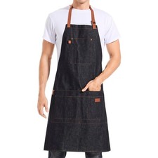 Denim Apron With Pockets Men Women BBQ Barista Woodworking Work Shop Apron Black