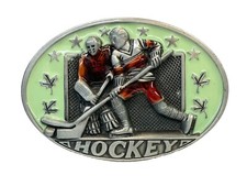 Hockey Players Belt Buckle Pewter  Epoxy 3.5  x 2.25  Fits Belts Up To 1.75  i