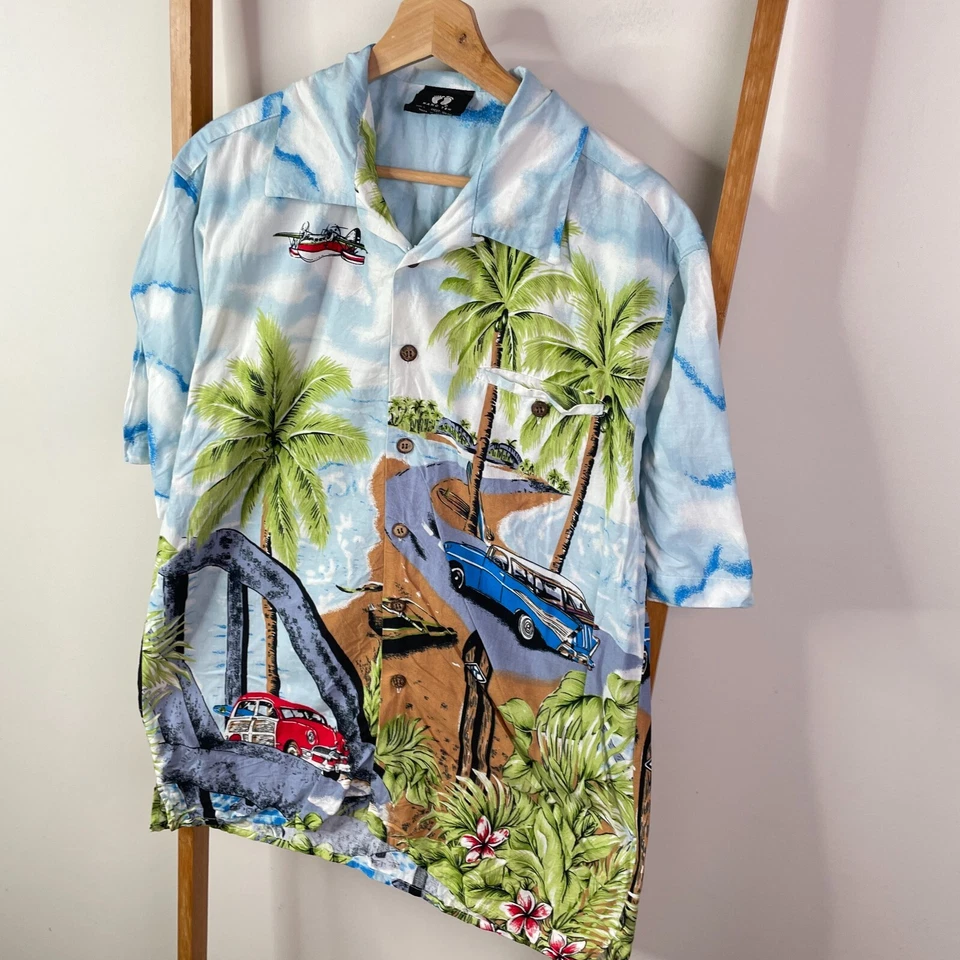Camisa Hang Ten Abotonada Para Hombre Grande Azul Hawaiana Tropical Manga Corta Verano Foto 4 de 4