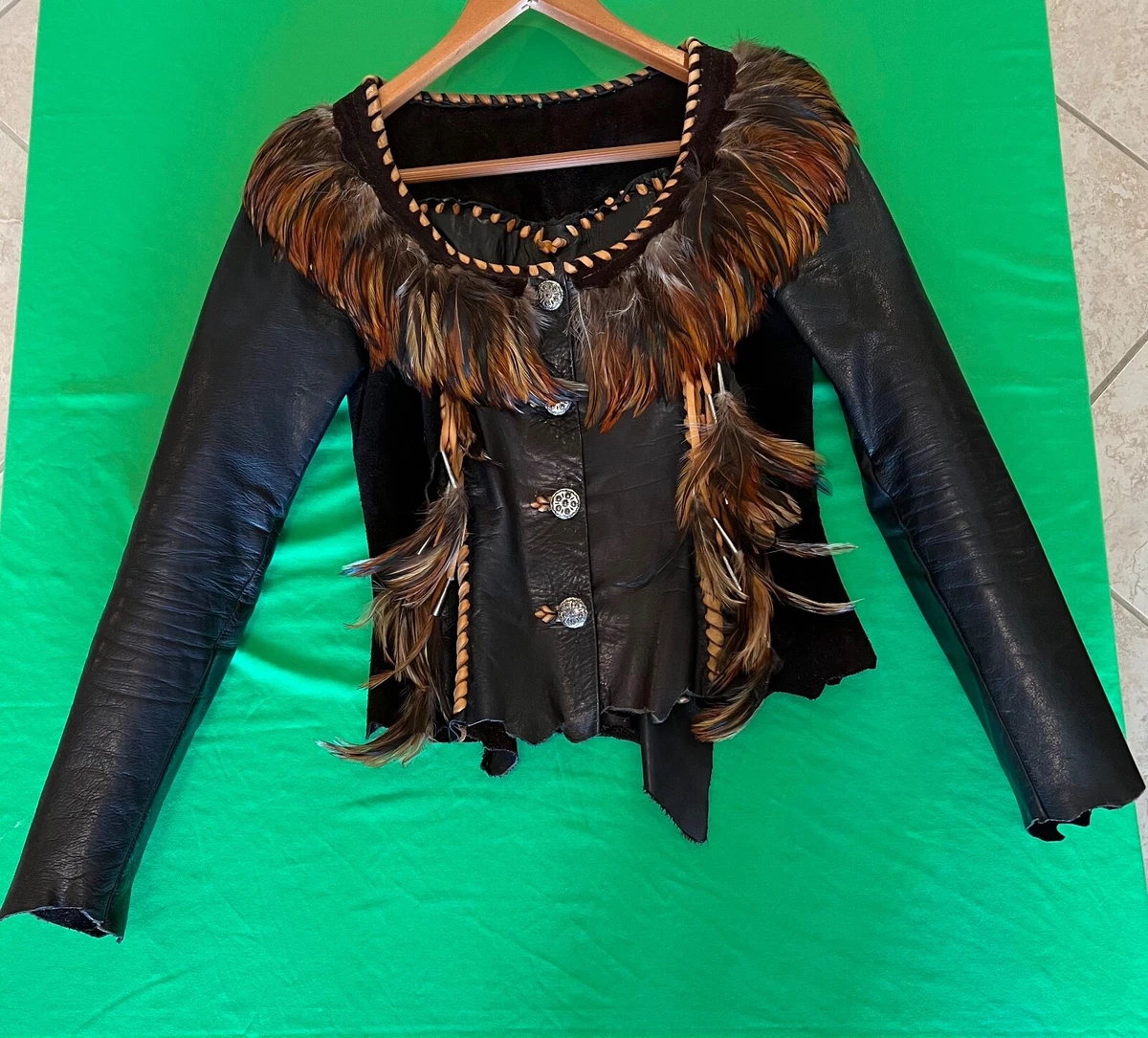 Leather jacket with feathers cheap