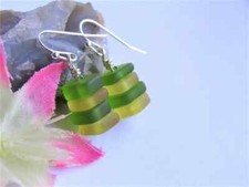Handmade Stacked Yellow  Green Sea Glass Beach Boho Silver Square Earrings