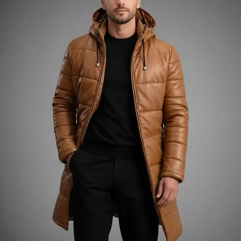 Men puffer Genuine Sheepskin Leather Trench Coat Black Belted Overcoat