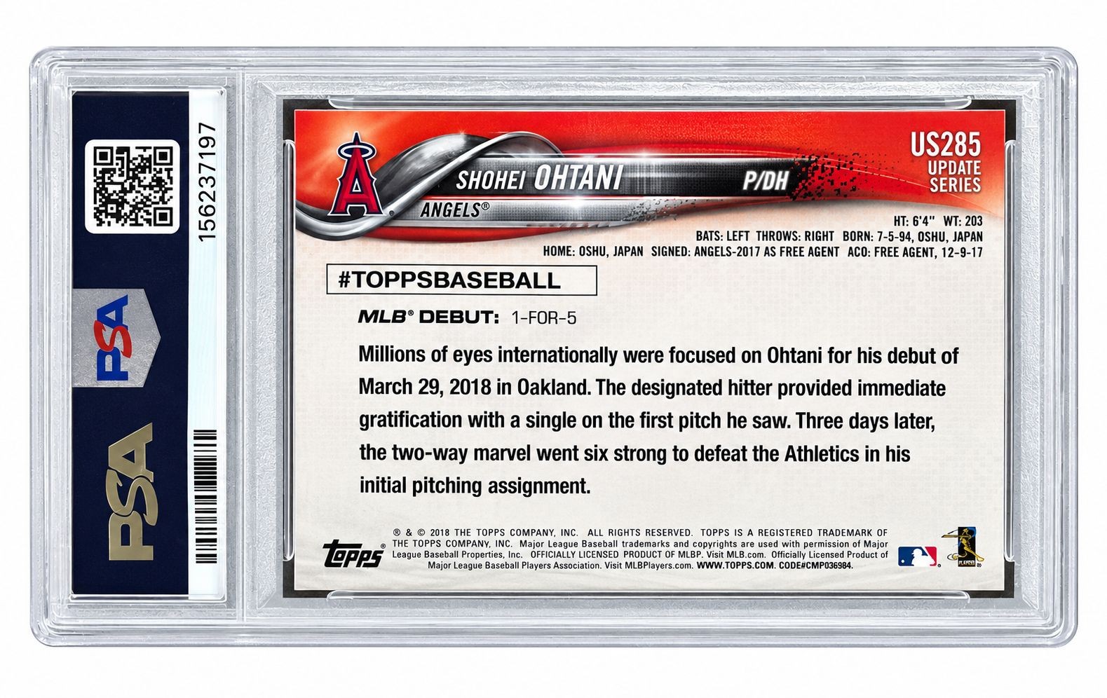 2018 Topps Update #US285 Shohei Ohtani Angels Rookie Card PSA Mint 9 view 2