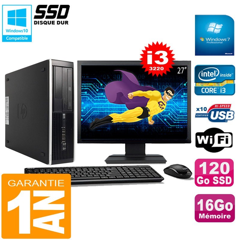 PC HP Compaq Pro 6300 SFF I3-3220 16Go 120Go SSD Graveur DVD Wifi W7 Ecran 27"
