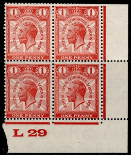 GB GV SG435 1d scarlet LH MINT. L29 CONTROL. BLOCK of 4