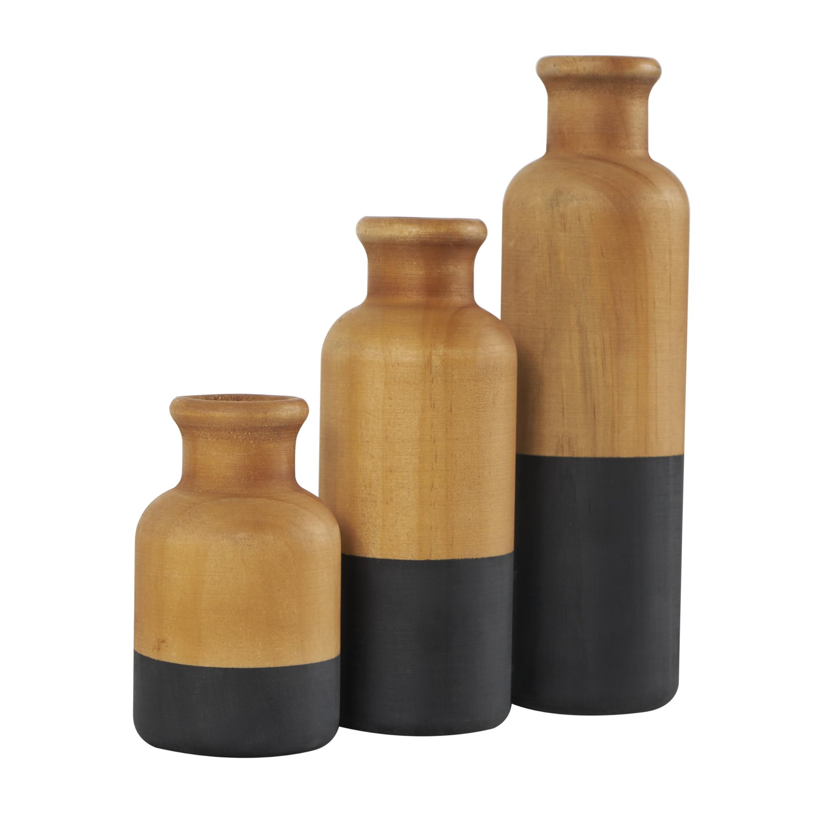 3 Pack Brown Wood Decorative Centerpiece Vases with Black Bases, 10, 8, 5 H