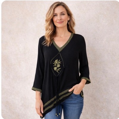 Midnight Velvet Boho Beaded Crinkle Tunic Top 1X Black Embroidered Asymmetrical