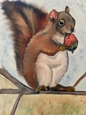 Original oil painting signed 11 x 14 in cute squirrel eating a strawberry 