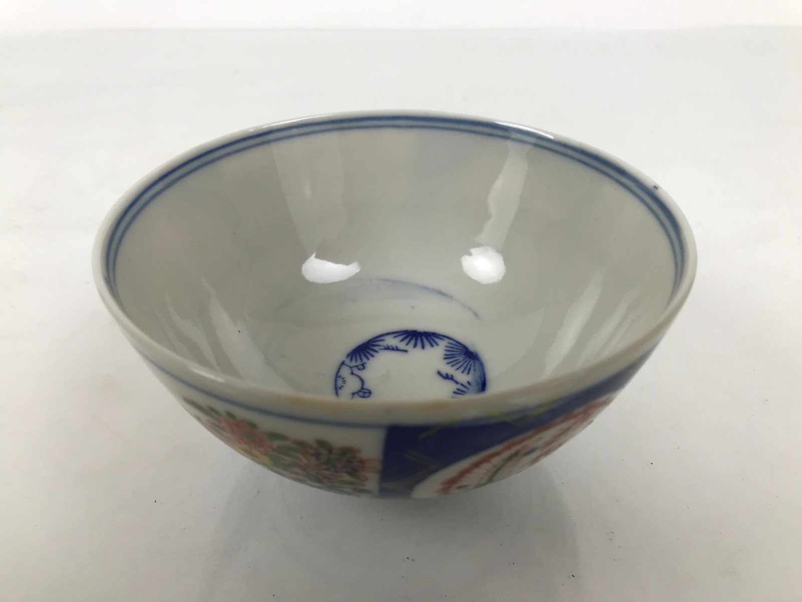 Japanese Porcelain Rice Bowl Chawan Vtg White Blue Red Floral Bird ...