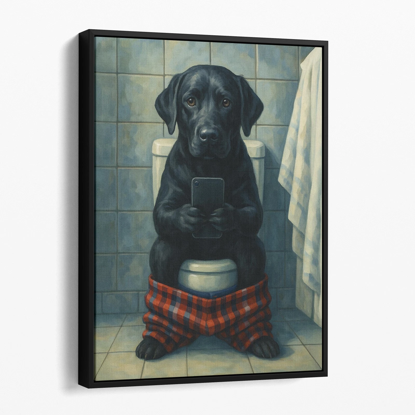 Black Labrador Retriever On The Toilet On The Phone Funny Canvas Wall Art Print