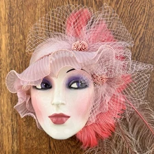 Clay Art 1980s Masquerade Mask Pink Deco Lady—Violet Eyes, Feathers, Vintage USA