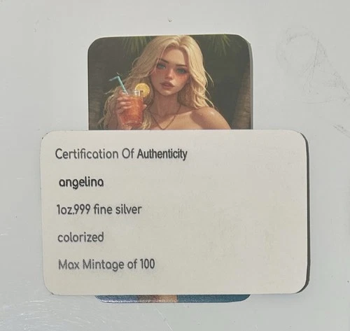 Sexy! Angelina 1 Oz .999 Silver Color Art Bar With COA 100 Minted