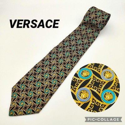 VERSACE Medusa Silk Tie Black Blue Gold Greca Pattern Made in Japan Mens