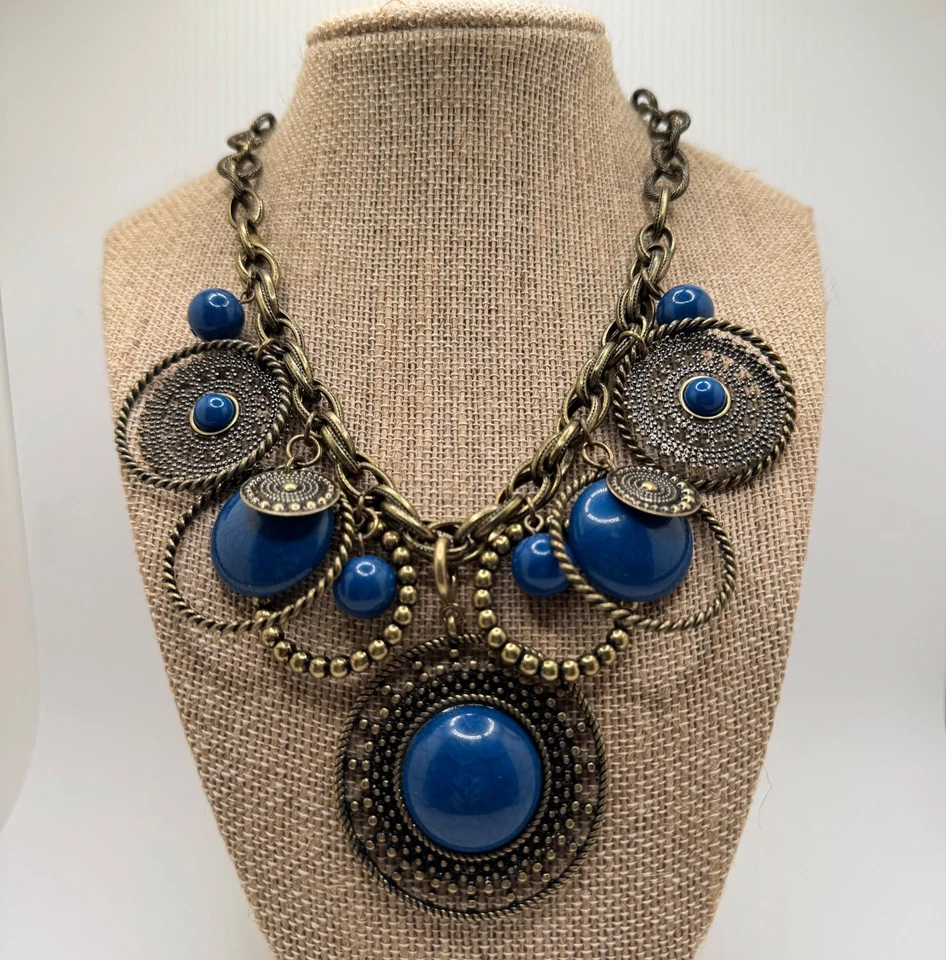 Premier Designs Bib Necklace Indigo Antique Finish Brass Blue Stones - Image 2 of 4