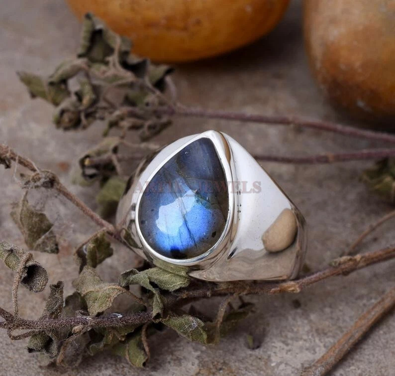 Naturale Labradorite Pietra preziosa con 14K Bianco Oro Placcato Anello Argento - Immagine 2 di 4