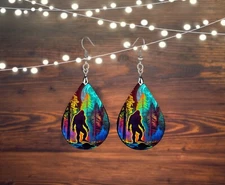 Bigfoot Earrings Full Moon Bigfoot Wood Tear Drop Dangle Earrings Jewelry