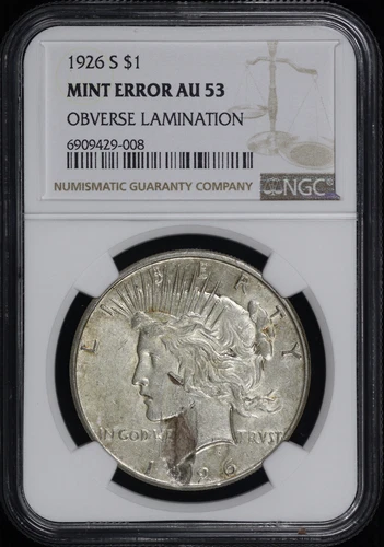 1926-S Peace Dollar NGC AU-53 Mint Error Obverse Lamination