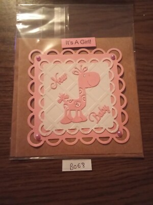 B068 Handarbeit Personalisiert Neu Baby Mädchen Karte Rosa Weiß Giraffe 12x12