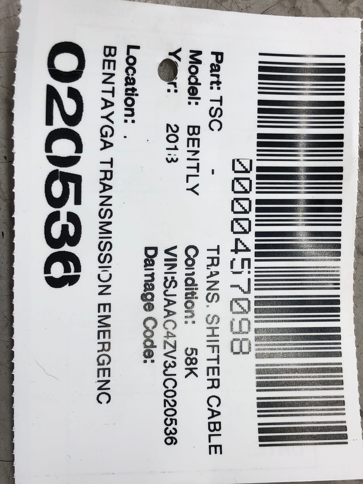 2016-2020 BENTLEY BENTAYGA TRANSMISSION EMERGENCY RELEASE CABLE 4M1713035C