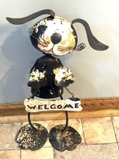Vintage Rusty Metal Dog Art Statute Figure with Welcome Sign Patina 22” tall