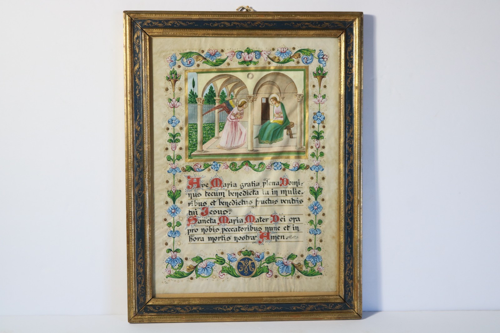 FINE ANTIQUE VELLUM BOOK OF HOURS STYLE ILLUMINATED LEAF AVE MARIA w/ PAINTING