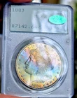 1883-P Morgan Dollars - PCGS MS-64 CAC - Rainbow Toned - Old Rattler Holder