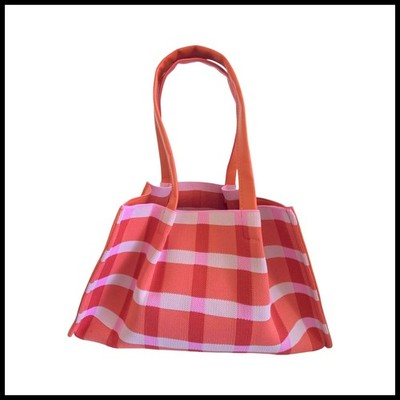 Neiman Marcus Gingham Knit Tote Bag Orange Pink Plaid Vegan Leather Trim New
