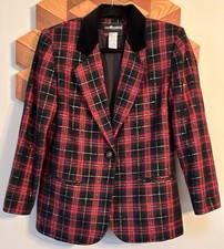 VTG Sag Harbor 8 Petite Blazer Red Plaid Wool Blend Black Velvet Collar Holiday