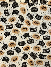 2 Yards Halloween Cotton Quilting Fabric Tossed Heads Cat Owl Jack O Lantern