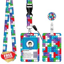 Teacher Lanyard ID Holder Retractable Badge Reel Blue Blocks
