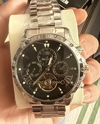 Mens Real Stainless Steel  Watch Pass Diamond Test Black Face