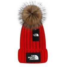 North Face Red Chunky Pom Knit Rib Beanie Cap Cuffed Women Girls Thick Warm