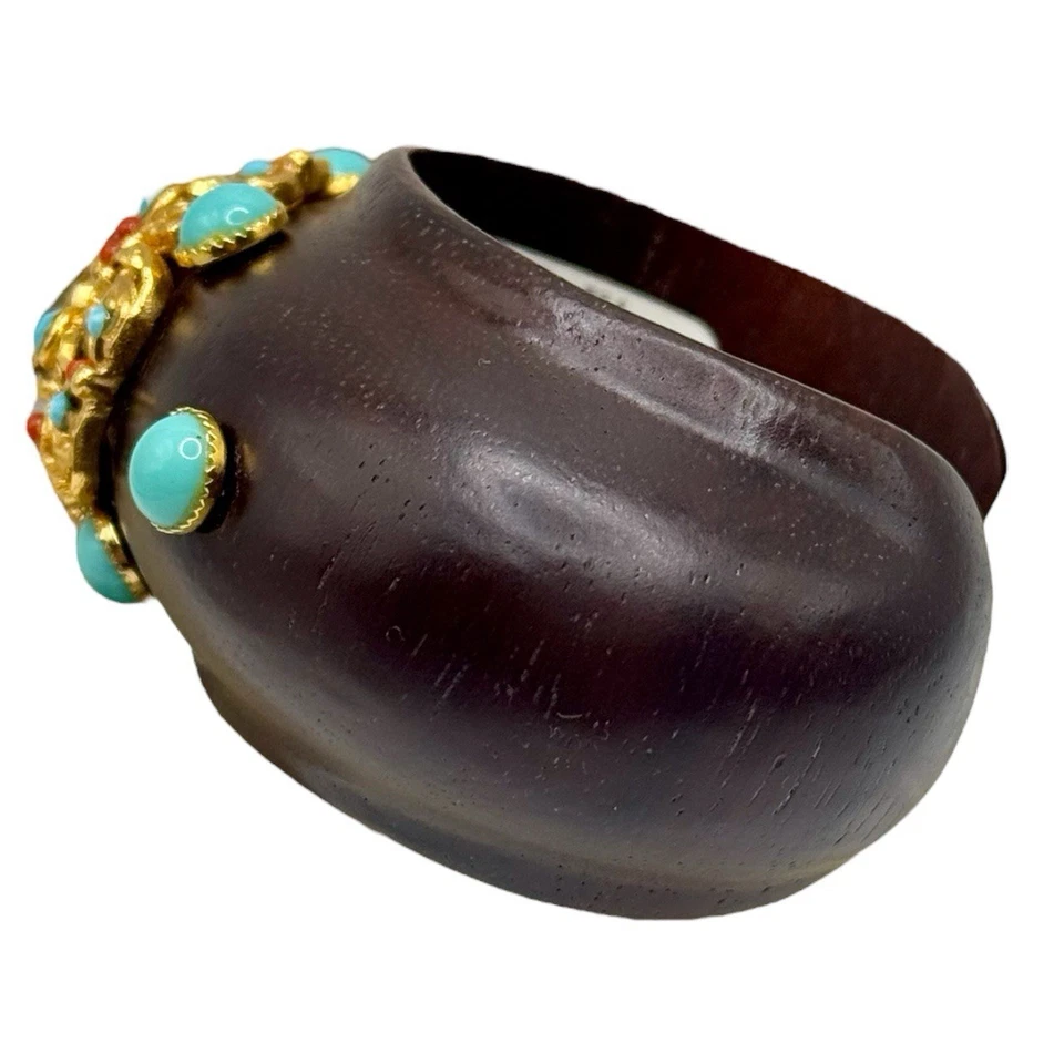 Brazalete Madera Barrera Vintage Filigrana Dorada Turquesa Cabujón Ojo de Tigre Foto 4 de 4
