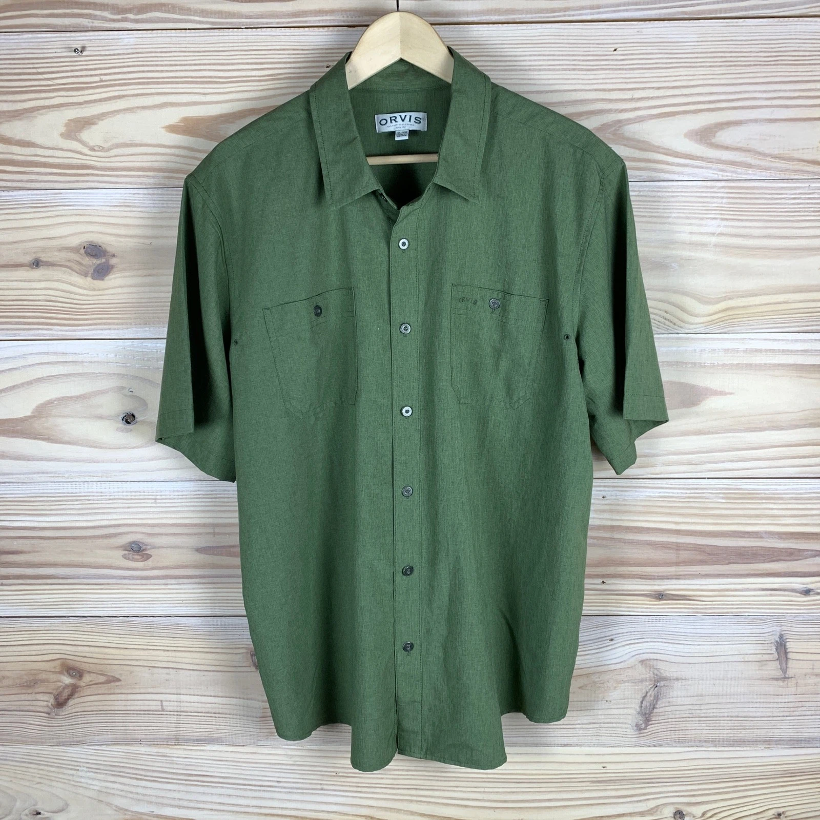 Orvis Button Up Shirt Mens XL Green Short Sleeve Classic Utility Pocket Hiking