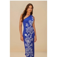 FARM Rio Porcelain Garden Blue Knit Midi One Shoulder Dress Size M New