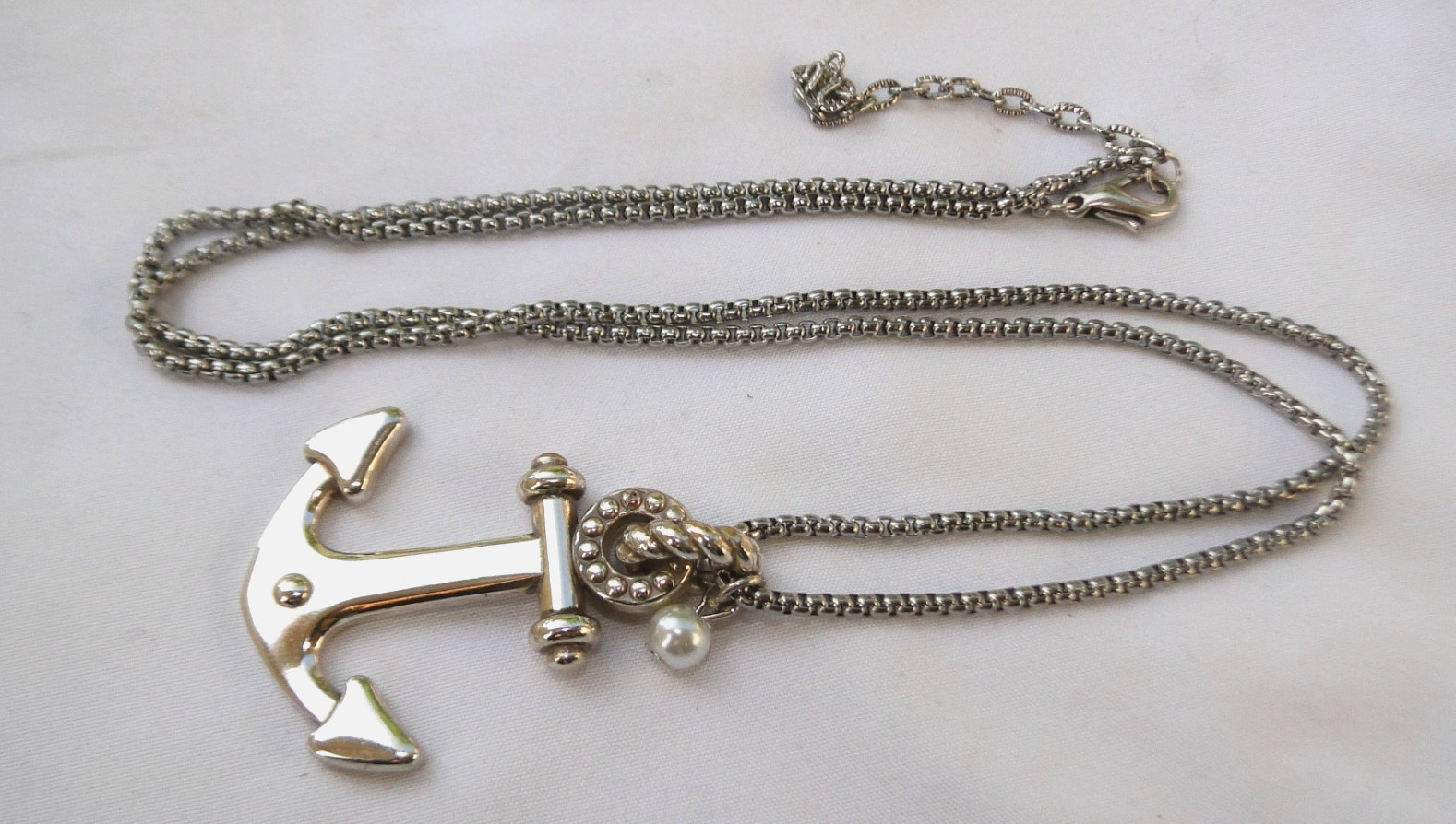 Altered Brighton Costal Anchor Silver & Pearl Pendent Long Chain Necklace