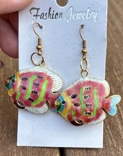 VINTAGE CLOISONNE ENAMEL ANGELFISH PIERCED DANGLE EARRINGS, GOLDTONE/PINKS/BLUE