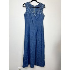 Vintage NuOz denim embroidered maxi dress cotton farmhouse cottagecore sz Md 90s