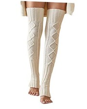Women's Extra Long Stirrup Leg Warmers Winter Knitted Over Knee One Size White